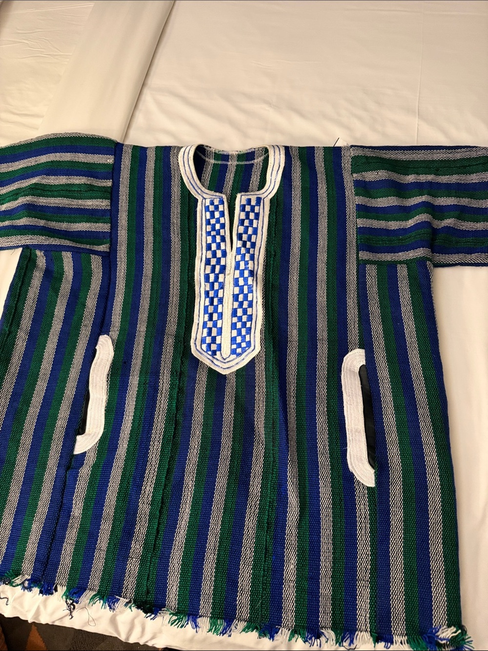 African Dashiki Kaftan Striped Woven Cotton Tunic Embroidered Neck, One Size